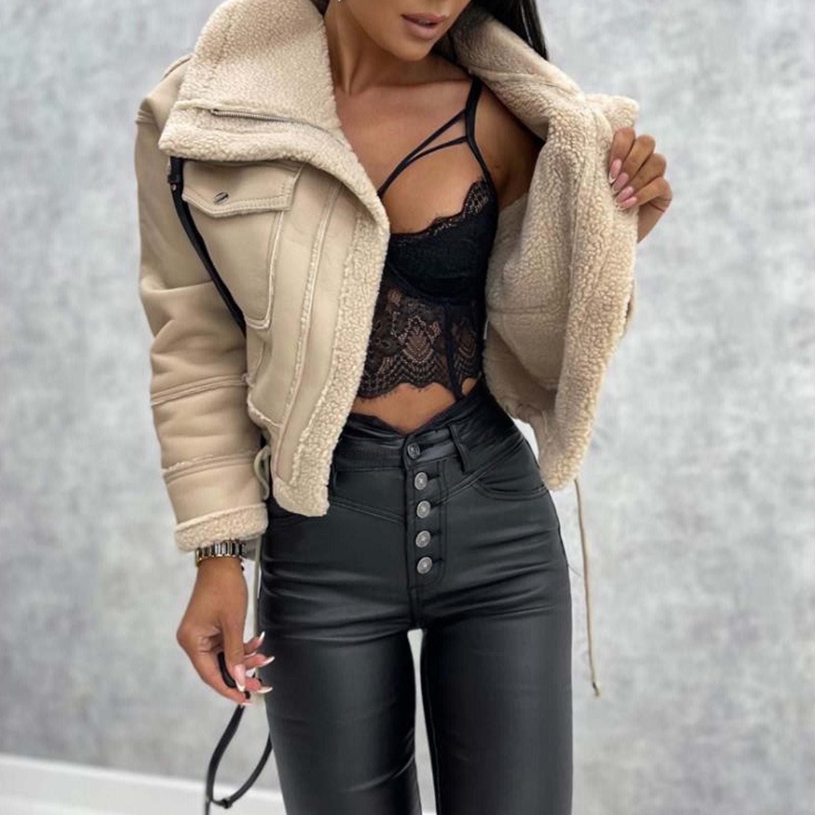 Wholesale Lambswool Cropped Jacket Zip-up Biker Jacket